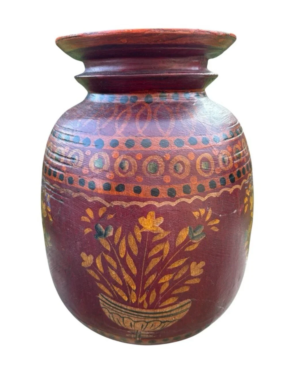 Vtg Kashmiri Hand Painted Wood Vase MCM Indian Lacquerware Folk Art Pot